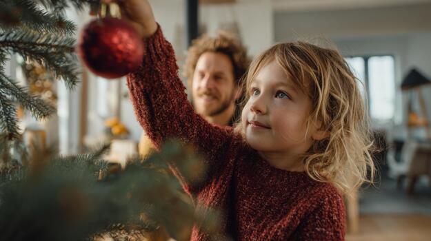 A young girl with curly hair joyfully hangs a red ornament on a Christmas tree, while a smiling man looks on, creating a warm holiday atmosphere. photo