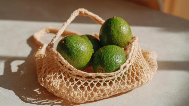 A natural light photograph of a mesh bag filled with fresh green limes, showcasing a minimalistic and eco-friendly vibe. photo