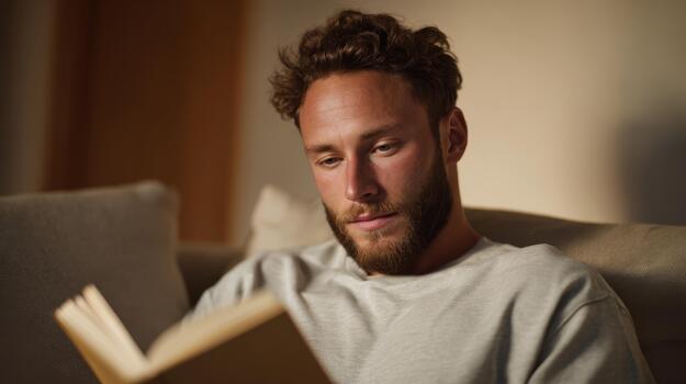 A young Caucasian man with a beard, absorbed in reading a book while sitting comfortably on a couch in a cozy setting. photo