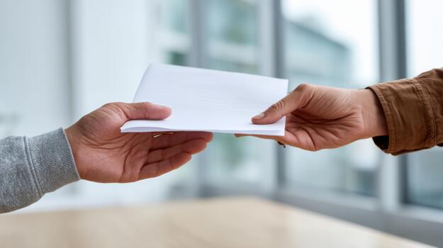 A close-up of a diverse pair of hands exchanging a document in a bright, modern workspace. photo