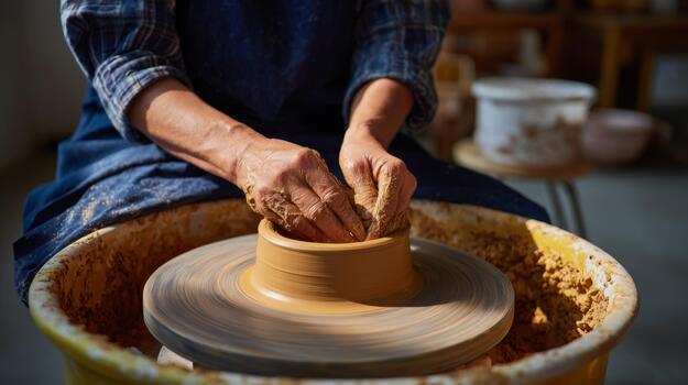 Skilled artisan shaping clay on a pottery wheel, showcasing craftsmanship and creativity in a sunlit workshop. photo