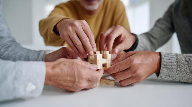 Tres diverso individuos colaborando a construir un de madera estructura, exhibiendo trabajo en equipo y creatividad. foto