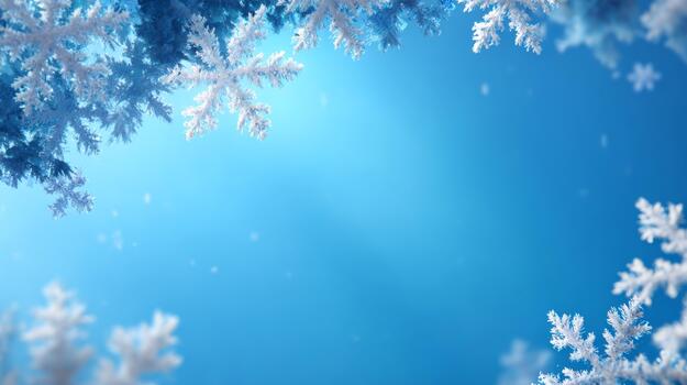 A serene winter scene featuring delicate snowflakes against a soft blue backdrop. photo