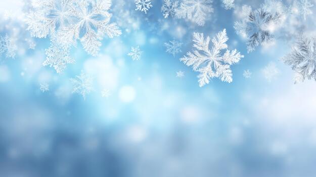 Delicate snowflakes drifting in a soft blue winter background create a serene, frosty atmosphere. photo