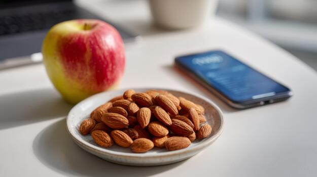 A vibrant red apple beside a plate of almonds, with a smartphone displaying the time in a modern workspace setting. photo