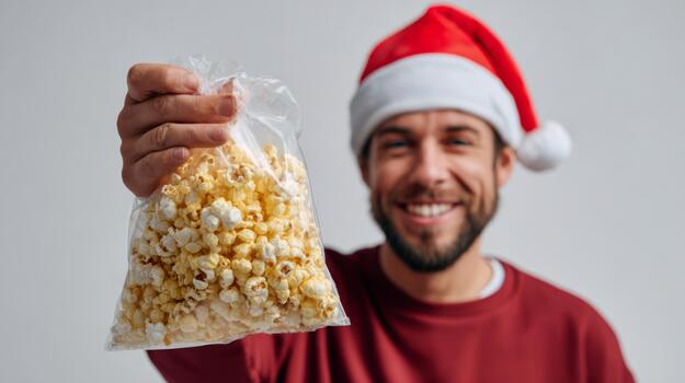 A cheerful man of Middle-Eastern descent wearing a Santa hat, holding a bag of popcorn and smiling brightly against a neutral background. photo