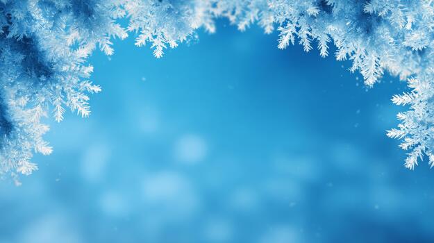 A serene winter scene featuring frosted ice crystals delicately framing a soft blue background. photo