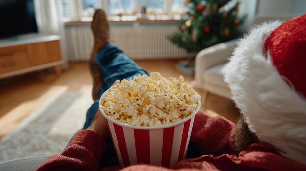 A cozy scene of a man in a Santa hat enjoying popcorn while relaxing at home during the festive season. photo