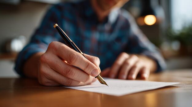 A focused man writing notes at a wooden table, wearing a plaid shirt, creating a calm and productive atmosphere. photo