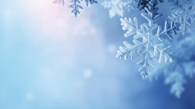 Delicate snowflakes gently hang in a serene winter atmosphere, creating a magical and tranquil scene. photo