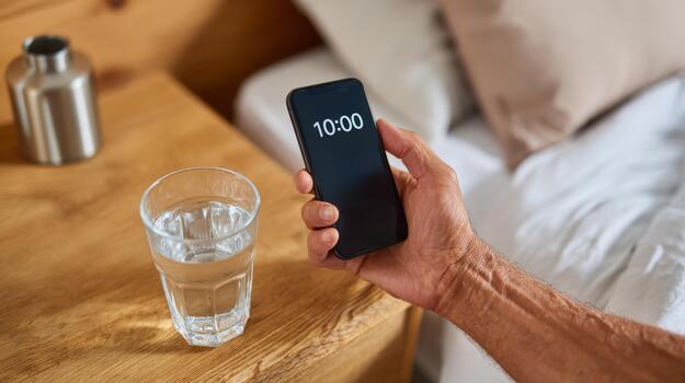 A close-up of a man's hand checking the time on his smartphone by a bedside table, with a glass of water nearby. photo