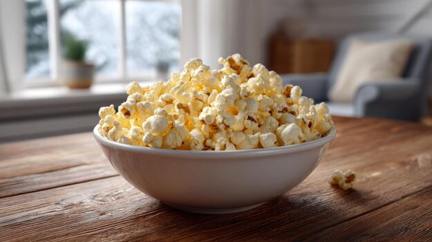 A cozy bowl of freshly popped popcorn sits on a wooden table with natural light streaming through a window. photo