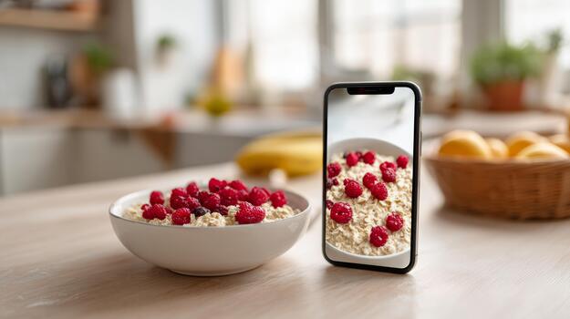 A smartphone displaying a recipe app next to a bowl of oatmeal topped with fresh raspberries, creating a cozy breakfast scene. photo