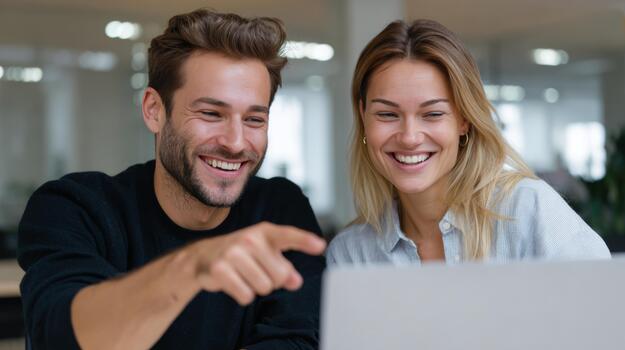 A young Caucasian man and woman joyfully interact while looking at a laptop, showcasing teamwork and collaboration. photo