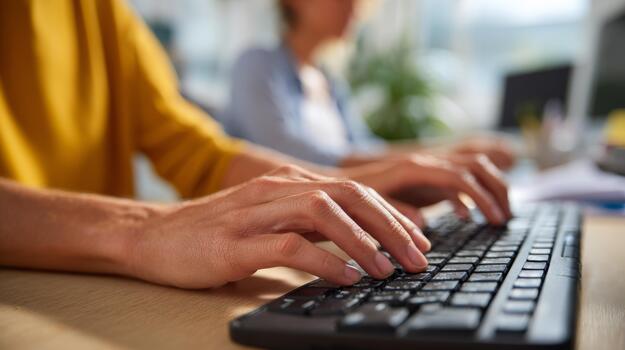 Close-up of a person's hands typing on a keyboard, creating a focused workspace ambiance with soft lighting. photo