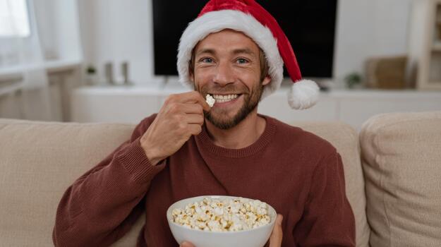Smiling man in a Christmas hat enjoys popcorn while relaxing at home, embodying festive cheer and cozy vibes. photo