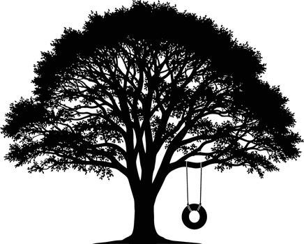 Silhouette of a large tree with a tire swing hanging from a branch vector
