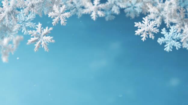 Delicate snowflakes gently fall against a soft blue background, creating a serene winter atmosphere. photo
