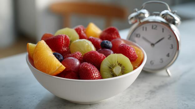A vibrant bowl of mixed fruits including strawberries, grapes, and oranges, complemented by a classic alarm clock beside it. photo