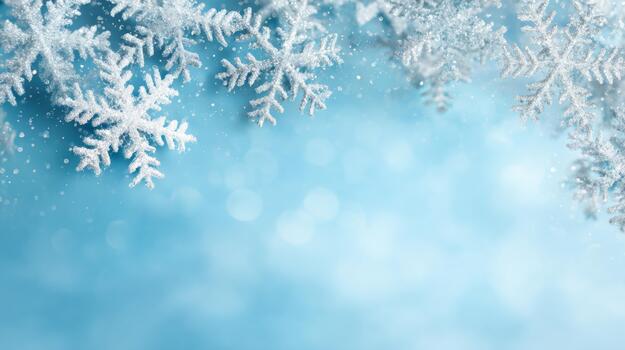 Delicate snowflakes fall against a soft blue background, creating a serene winter ambiance. photo