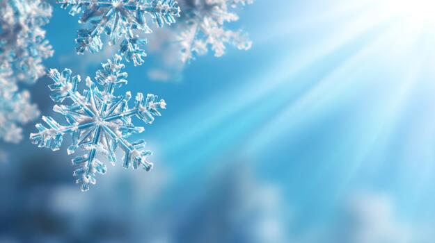 Beautiful snowflakes gently falling under sunlight, creating a serene winter atmosphere. photo
