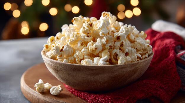 A wooden bowl filled with freshly popped popcorn, set against a blurred background of festive bokeh lights. photo