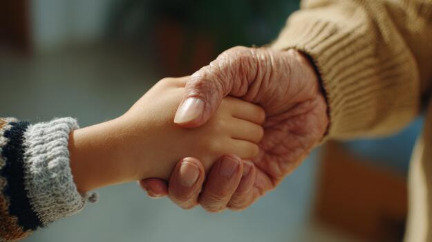 A heartwarming connection between an elderly person's hand and a child's hand, symbolizing love and unity. photo
