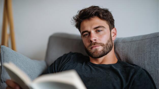 pensativo joven caucásico hombre con un barba leyendo un libro en un acogedor gris sofá. foto