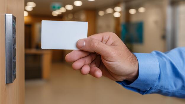 A hand of a male adult is holding a blank access card near an elevator button in a modern office setting. photo