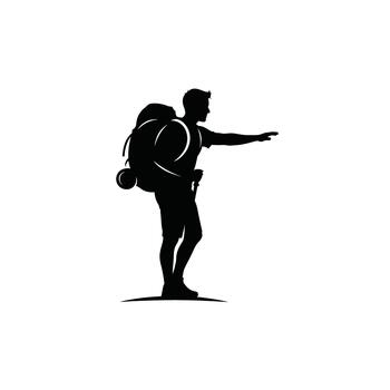Silhouette of a hiker with a large backpack pointing the way vector