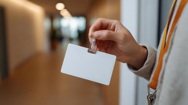 A close-up of a hand holding a blank identification badge, emphasizing the importance of credentials in professional settings. photo