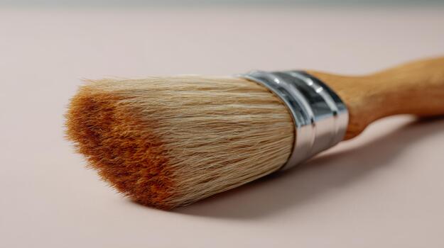 Close-up of a professional paintbrush with a wooden handle and soft bristles, perfect for artistic endeavors. photo