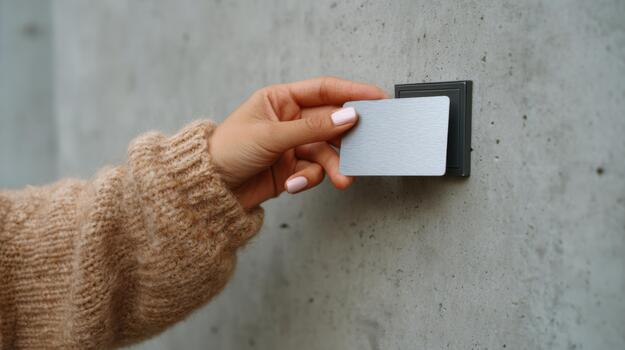 A close-up of a hand placing a white card against a sleek wall-mounted access panel. photo