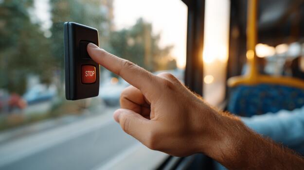 A close-up of a hand pressing a red 'STOP' button on a bus, with a warm sunset illuminating the scene. photo