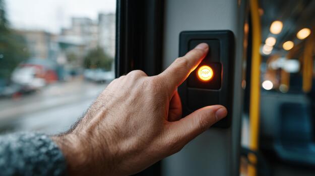 A close-up of a man's hand pressing the stop button on a bus, signaling the driver to halt at the next stop. photo