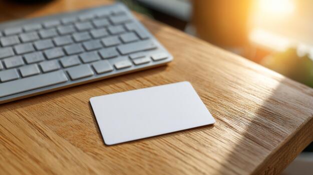 A blank business card rests on a wooden desk beside a keyboard, illuminated by soft sunlight, suggesting a professional setting. photo