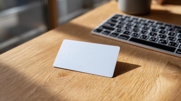 A blank business card on a wooden desk beside a keyboard, illuminated by soft natural light, creating a professional ambiance. photo