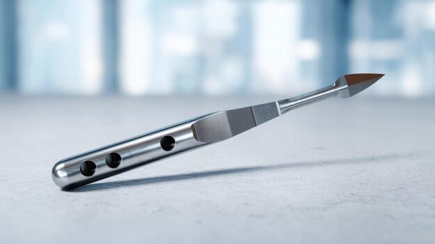 A sleek, stainless steel surgical scalpel resting on a smooth surface, highlighted by soft, blurred blue tones in the background. photo