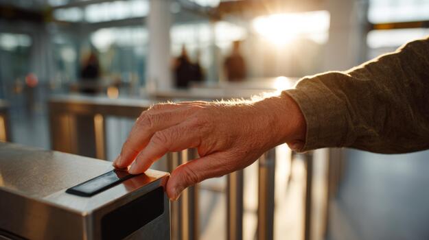A close-up of a hand pressing a turnstile scanner at an entry point during sunset. photo