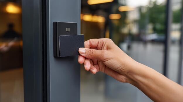 A close-up of a hand using a key card to access a modern building, showcasing sleek design and security technology. photo