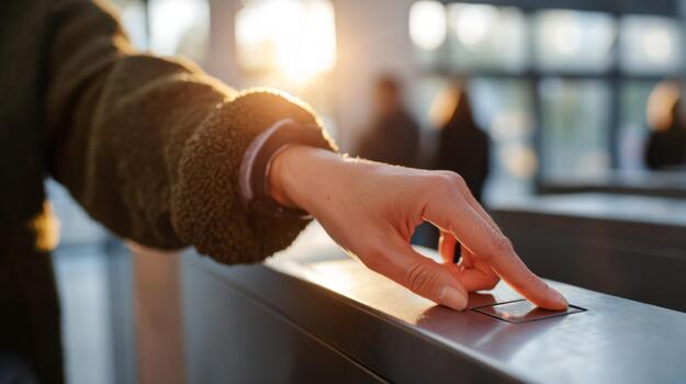 A close-up of a hand pressing a turnstile button, bathed in warm sunlight, creating a welcoming and busy atmosphere. photo