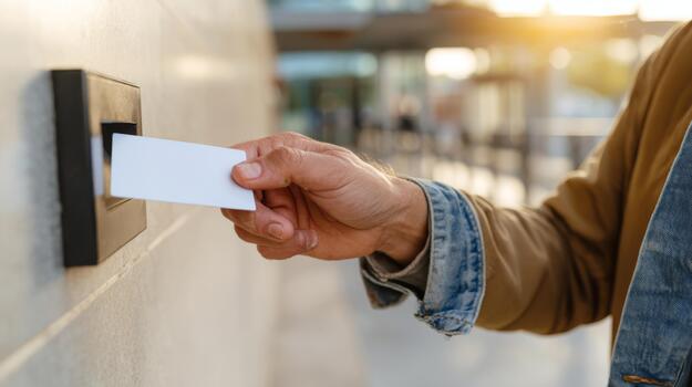 A close-up of a male hand inserting a card into a card reader, with a warm glow from the setting sun in the background. photo