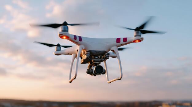 A white drone with four propellers flying against a colorful sunset sky, showcasing its camera and lights in action. photo