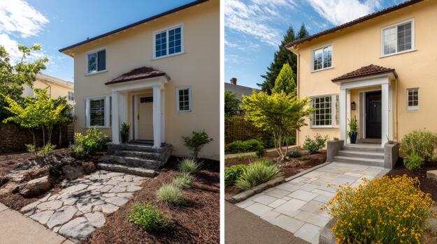 Charming home before and after landscaping transformation, showcasing a welcoming entrance with vibrant greenery and improved stone pathways. photo