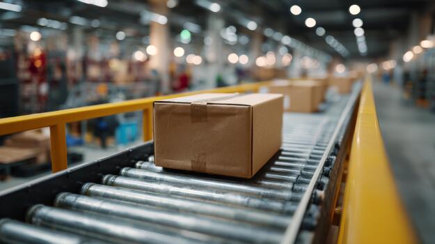 A close-up of a brown cardboard box on a conveyor belt in a bustling warehouse, representing efficient logistics and delivery processes. photo