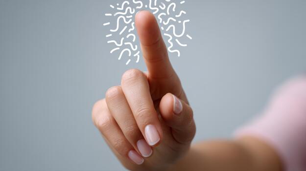 A close-up of a hand with a manicured finger poised to touch an imaginary screen, set against a soft gray background. photo