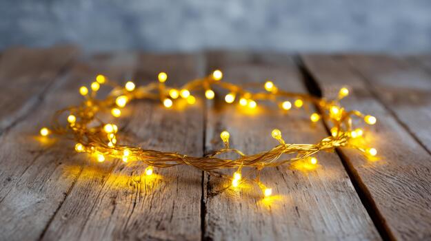 A warm glow from golden fairy lights arranged in a circular shape on a rustic wooden surface. photo
