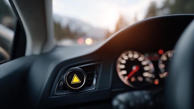 Interior view of a car dashboard with the hazard light button illuminated, highlighting safety features and modern design. photo