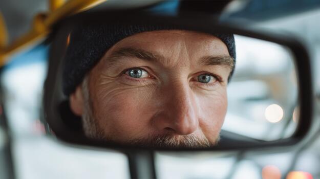 A close-up of a middle-aged Caucasian man with a beard, reflected in a rearview mirror, showcasing intense blue eyes. photo