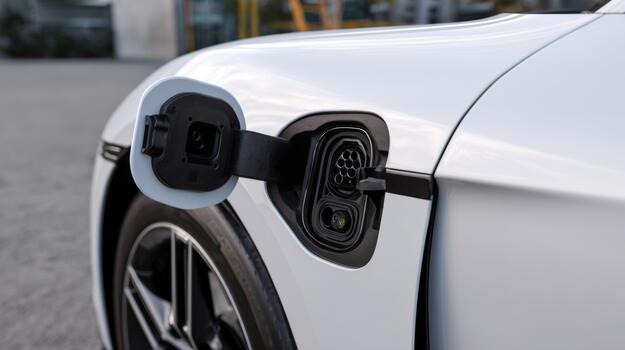 A close-up view of a sleek white electric vehicle with its charging port open, showcasing modern sustainable technology. photo
